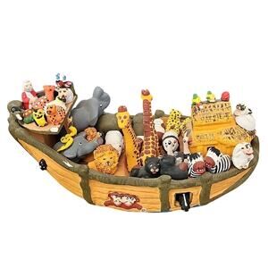 Signed Alvaro Castaneda Clay Hand Painted Ceramic Noah's Ark Figurine Animals